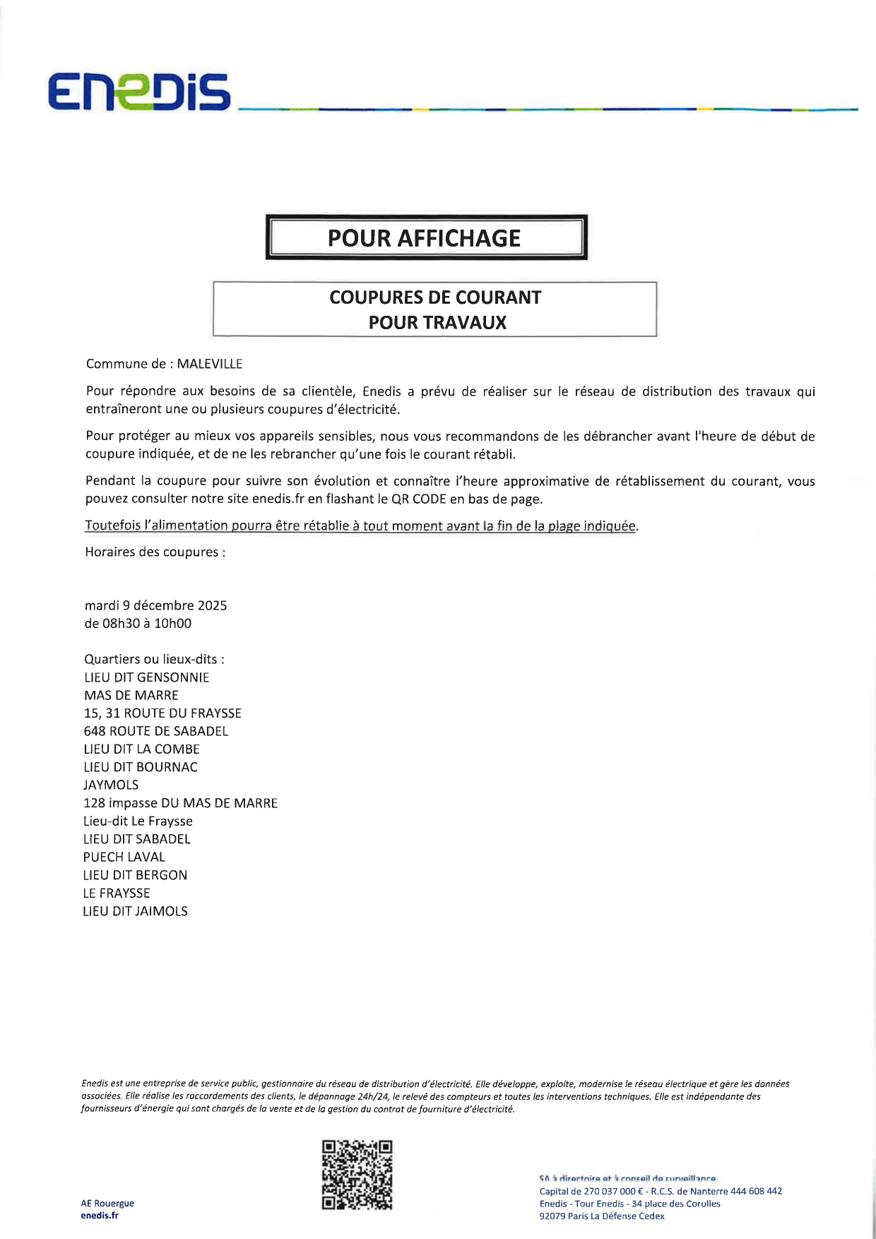 Lire la suite à propos de l’article COUPURE DE COURANT POUR TRAVAUX