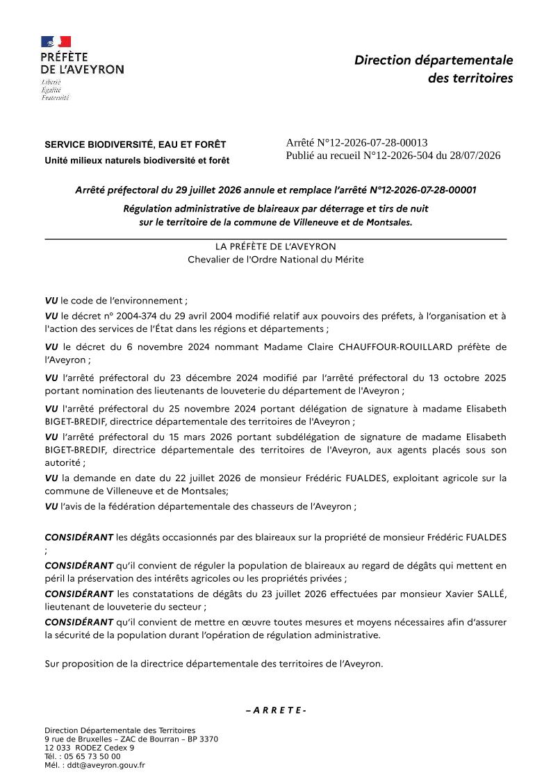 Arrêté préfectoral de régulation administrative de blaireaux