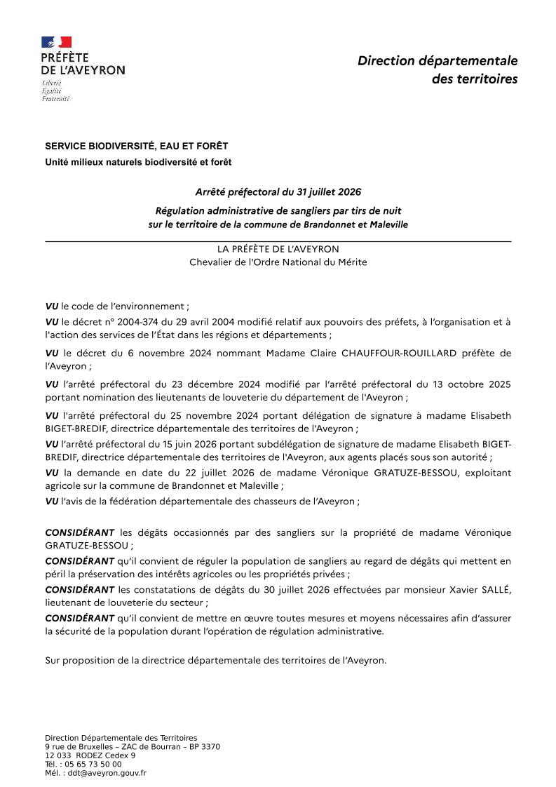 Arrêté préfectoral de régulation administrative de sangliers