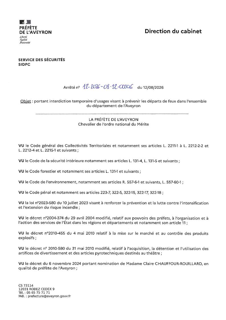 Arrêté 12-2026-08-12-00006 : interdiction temporaire d'usages visant à prévenir les départs de feux