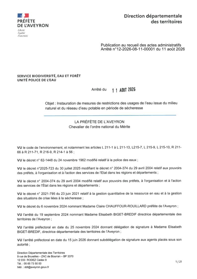 Arrêté de restrictions des prélèvements et usages de l'eau du 11/08/2026