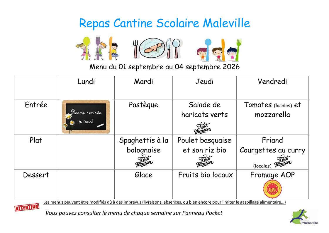 Menus du 01 au 04 septembre