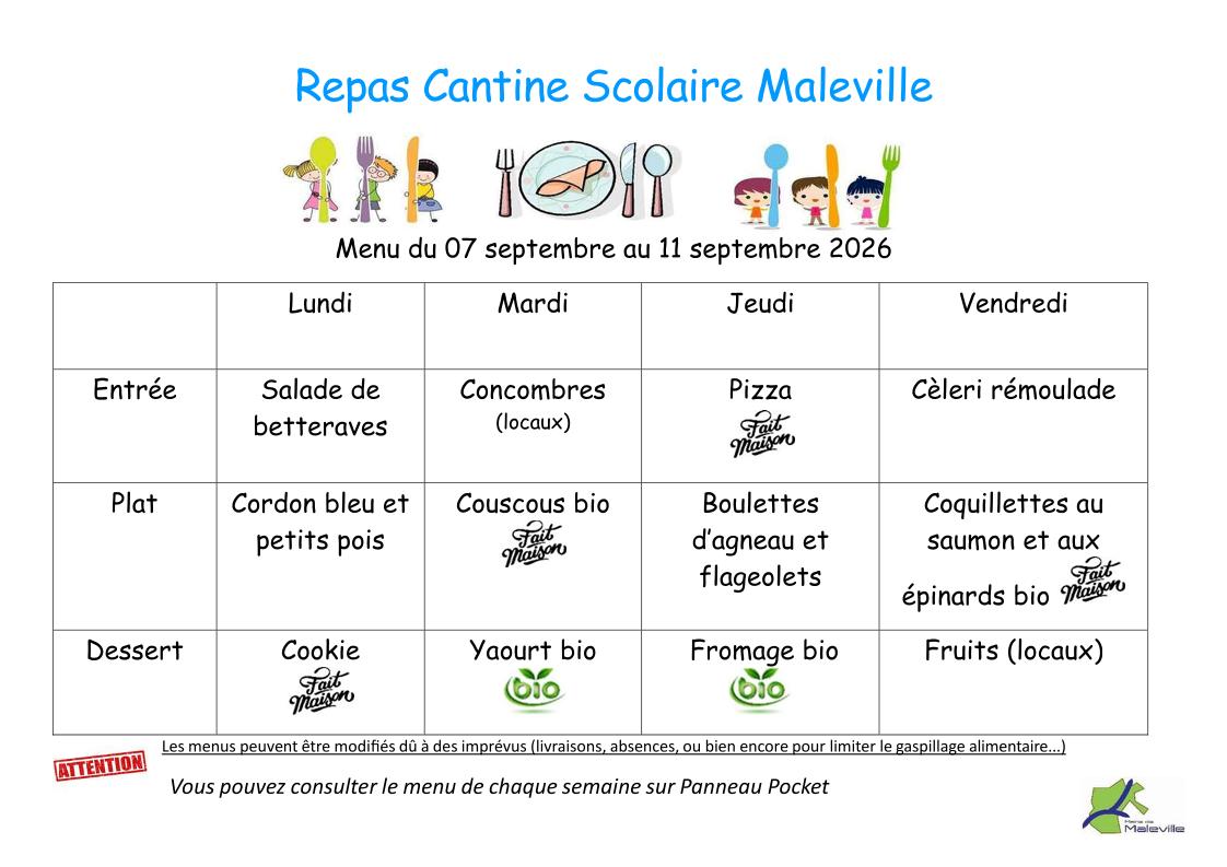 Menus du 07 au 11 septembre
